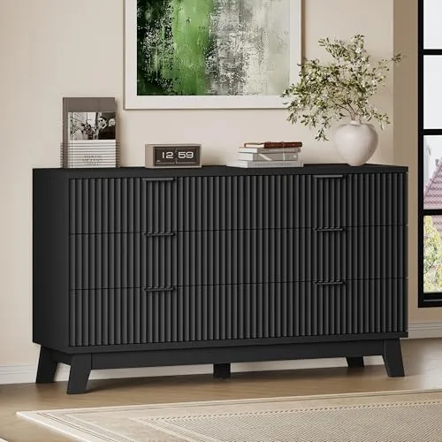 Fluted Wide 6-Drawer Dresser, 53.2 in Wide, Black