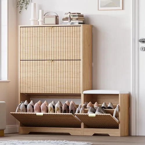 Fluted Slim 3-Drawer Shoe Cabinet with Bench, 47.8 in Tall, Oak