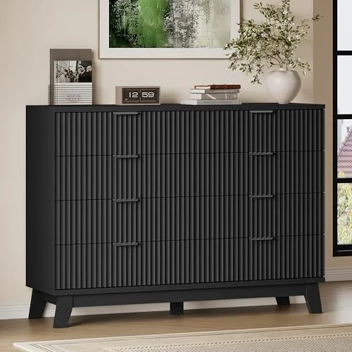 Fluted Tall 8-Drawer Dresser, 53.2 in Wide, Black