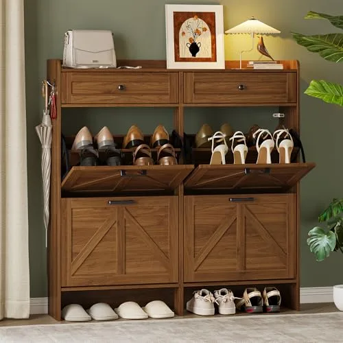Farmhouse Wide 4-Flip Shoe Cabinet, 42.7 in Tall, Walnut