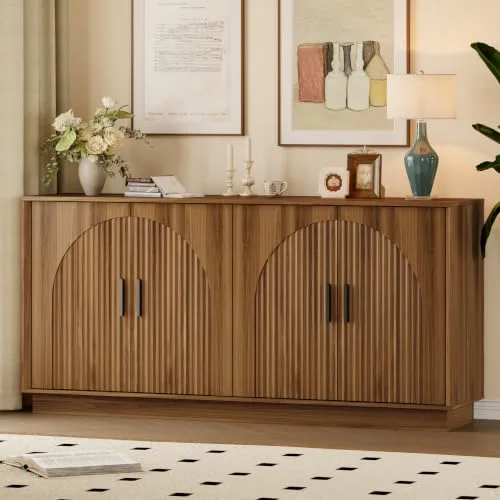 Long walnut sideboard with fluted doors in a dining room