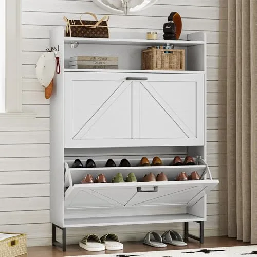 Slim 2-Flip Shoe Cabinet, 44.7 in Tall, White