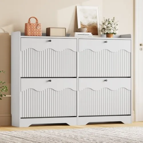 Fluted Slim 4-Flip Shoe Cabinet, 35.4 in Tall, White