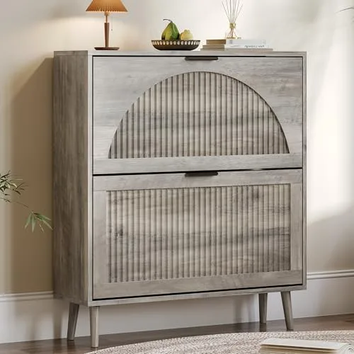 Fluted Slim 2-Flip Shoe Cabinet, 35.8 in Tall, Grey