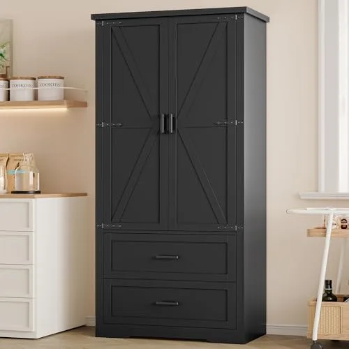 Tall Pantry Cabinet with Barn Doors, 70.9 in Tall, Black