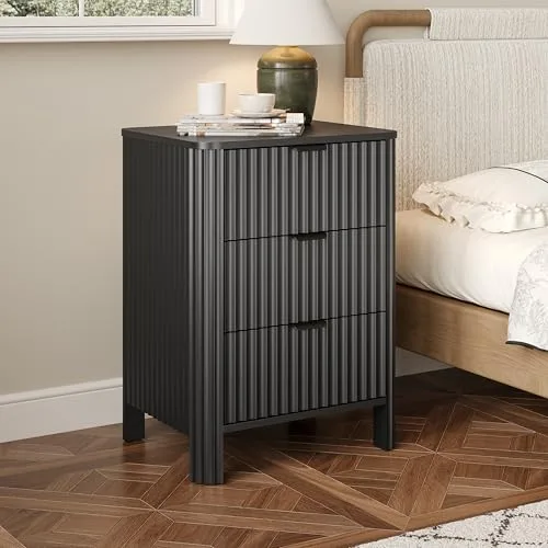 Fluted 3-Drawer Nightstand, 19.7 in Wide, Black