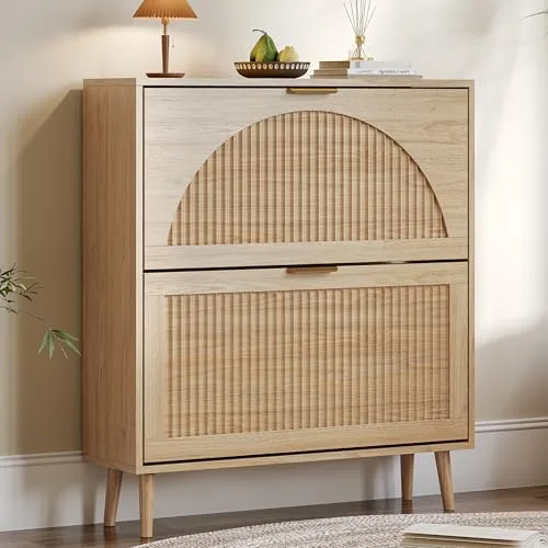 Fluted Slim 2-Flip Shoe Cabinet, 35.8 in Tall, Oak