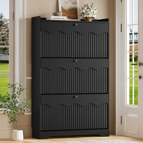 Fluted Slim 3-Flip Shoe Cabinet, 50.4 in Tall, Wave Base, Black