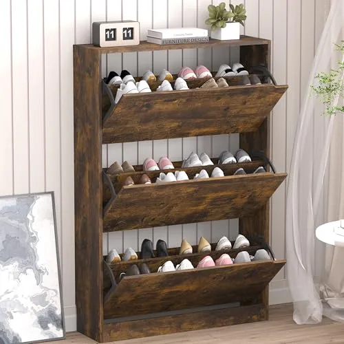 3-Flip Shoe Cabinet, 47.2 in Tall, Brown