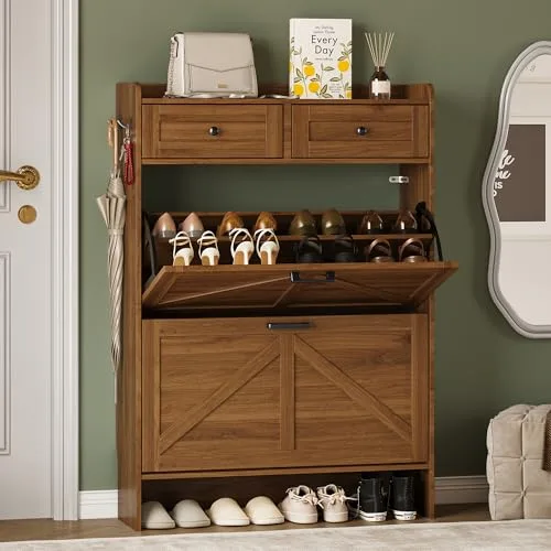 Farmhouse Slim 2-Flip Shoe Cabinet, 42.7 in Tall, Walnut