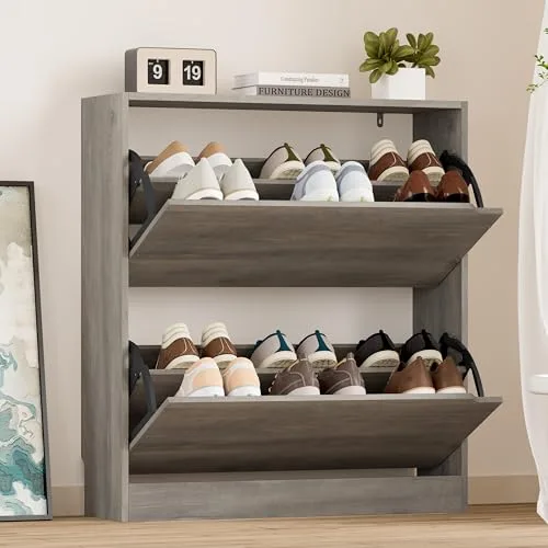 Slim 2-Flip Shoe Cabinet, 33.1 in Tall, Grey
