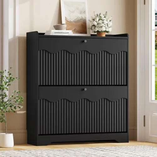 Fluted Slim 2-Flip Shoe Cabinet, 35.4 in Tall, Black