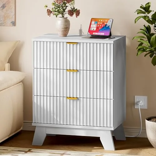 Fluted 3-Drawer Nightstand with Charging Station, 23.6 in Wide, White