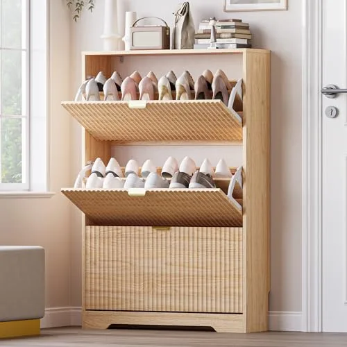 Fluted Slim 3-Flip Shoe Cabinet, 47.8 in Tall, Oak
