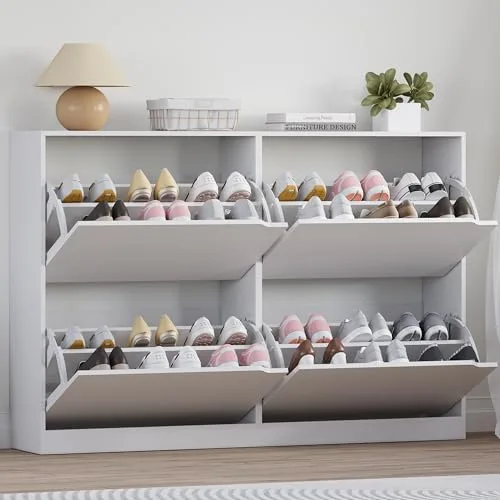 Slim 4-Flip Shoe Cabinet, 32.3 in Tall, White