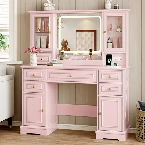 Farmhouse 6-Drawer Vanity Desk with Lighted Mirror, 43.2 in Wide, Pink