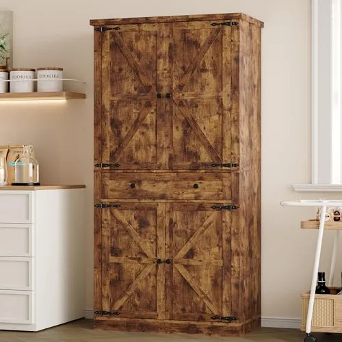 Tall Pantry Cabinet with Barn Doors, 67.7 in Tall, Brown