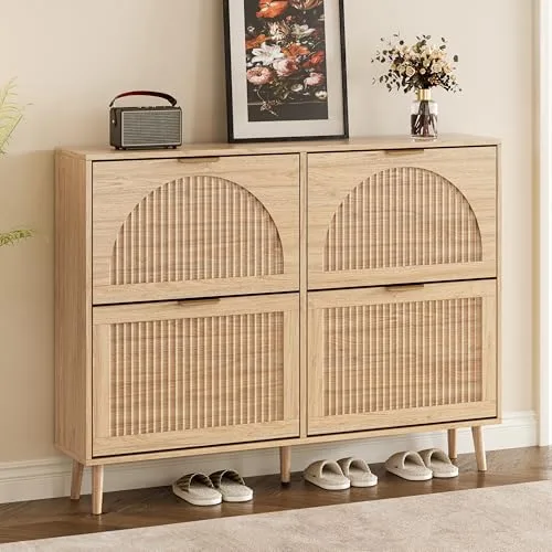 Fluted Slim 4-Flip Shoe Cabinet, 35.8 in Tall, Oak