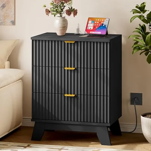 Fluted 3-Drawer Nightstand with Charging Station, 23.6 in Wide, Black