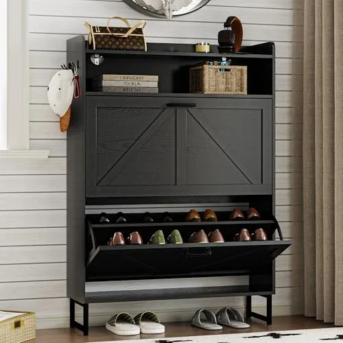 Slim 2-Flip Shoe Cabinet, 44.7 in Tall, Black