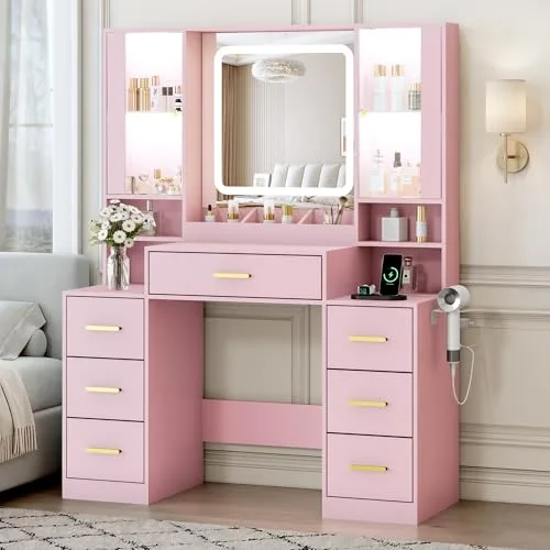 7-Drawer Vanity Desk with Lighted Mirror, 55.1 in Wide, Pink