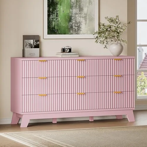Fluted Boho 9-Drawer Dresser, 57.1 in Wide, Pink