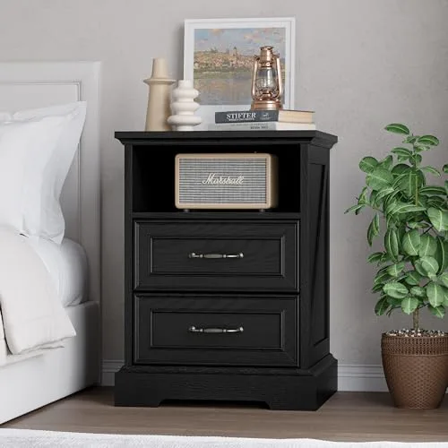 2-Drawer Nightstand with Charging Station, 17.7 in Wide, No. 2, Black