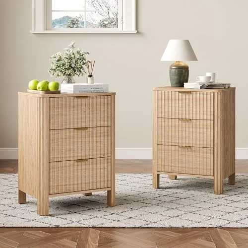 Fluted 3-Drawer Nightstand Set of 2, 19.7 in Wide, Natural