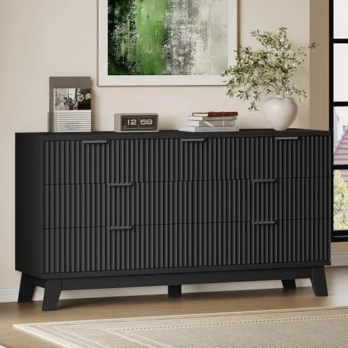 Fluted Wide 7-Drawer Dresser, 57.1 in Wide, Black