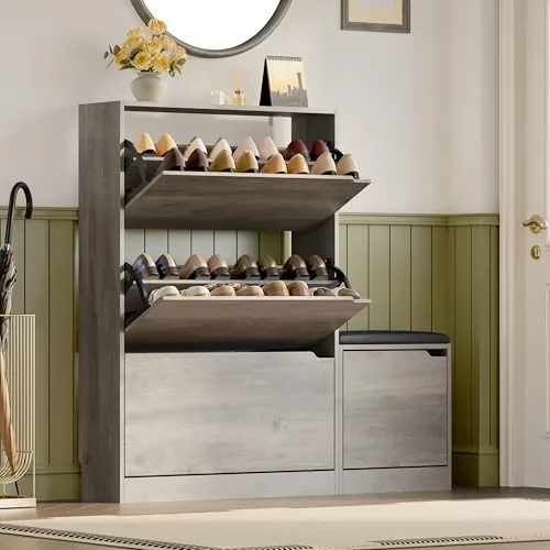 Slim 3-Flip Shoe Cabinet with Bench, 47.2 in Tall, Grey