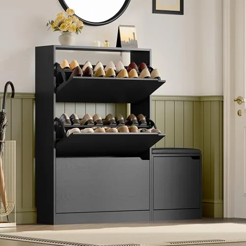 Slim 3-Flip Shoe Cabinet with Bench, 47.2 in Tall, Black