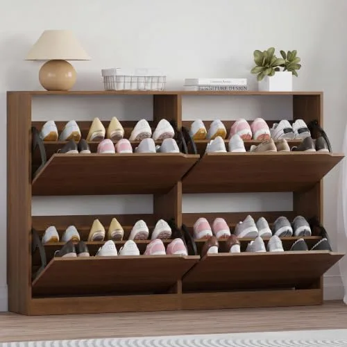 Slim 4-Flip Shoe Cabinet, 32.3 in Tall, Walnut
