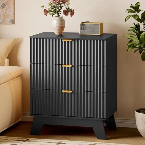 Fluted Boho 3-Drawer Dresser, 23.6 in Wide, Black
