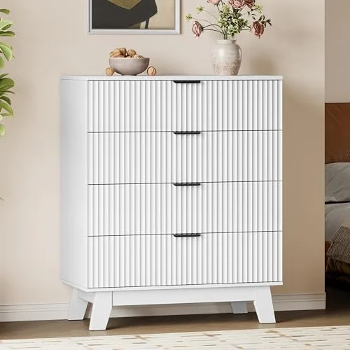 Fluted Tall 4-Drawer Dresser, 31.5 in Wide, White