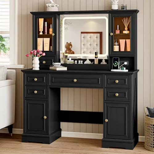 Farmhouse 6-Drawer Vanity Desk with Lighted Mirror, 43.2 in Wide, Black