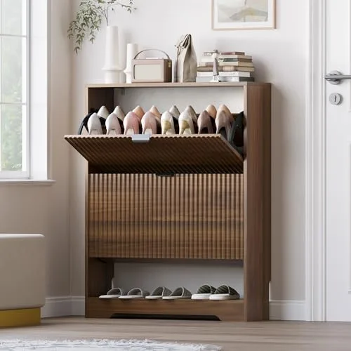 Fluted 2-Flip Shoe Cabinet, 40 in Tall, Walnut