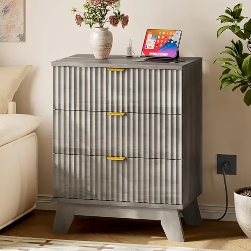 Fluted 3-Drawer Nightstand with Charging Station, 23.6 in Wide, Grey