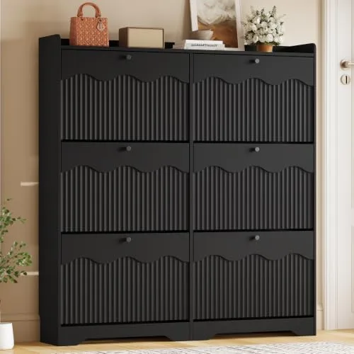 Fluted Slim 6-Flip Shoe Cabinet, 50.4 in Tall, Black