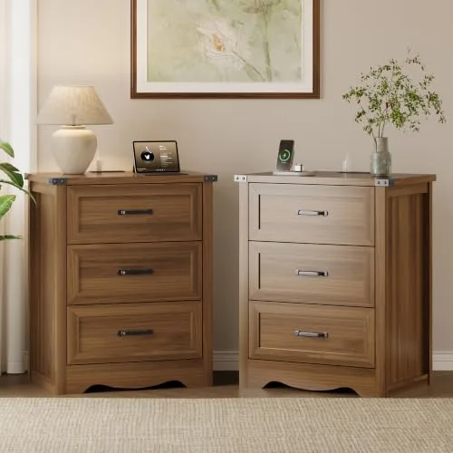 Curved 3-Drawer Nightstand Set of 2 with Charging Station, 23.6 in Wide, Walnut