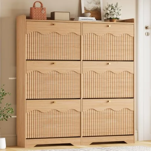 Fluted Slim 6-Flip Shoe Cabinet, 50.4 in Tall, Wave Base, Oak