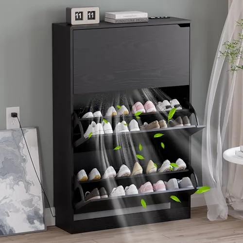 Slim 3-Drawer Shoe Cabinet with Odor Control, 47.2 in Tall, Black