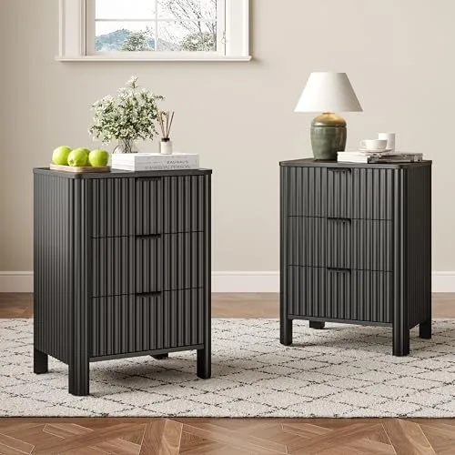 Fluted 3-Drawer Nightstand Set of 2, 19.7 in Wide, Black