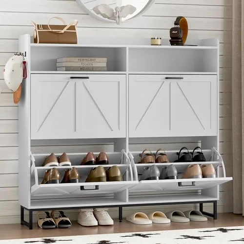 Slim 4-Flip Shoe Cabinet, 43.7 in Tall, White
