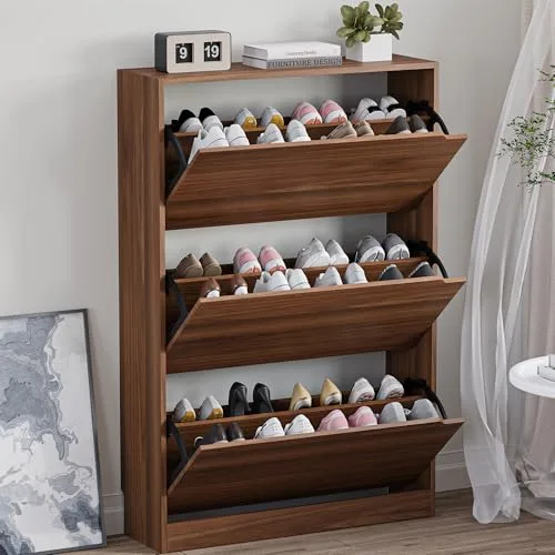 Slim 3-Flip Shoe Cabinet, 47.2 in Tall, Walnut