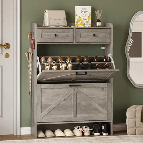 Farmhouse Slim 2-Flip Shoe Cabinet, 42.7 in Tall, Grey