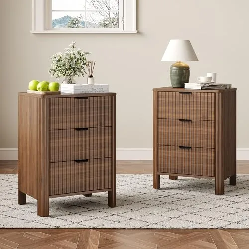 Fluted 3-Drawer Nightstand Set of 2, 19.7 in Wide, Walnut