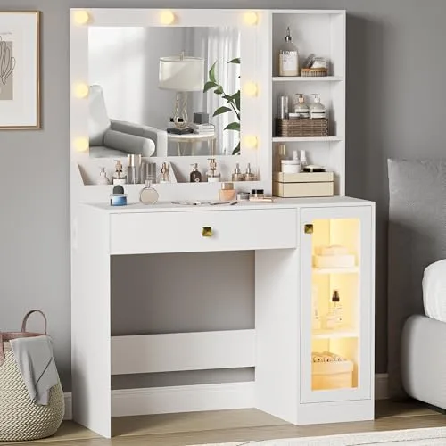 Vanity Desk with Lighted Mirror, 43.7 in Wide, White