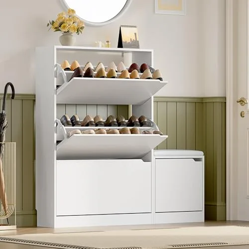 Slim 3-Flip Shoe Cabinet with Bench, 47.2 in Tall, White