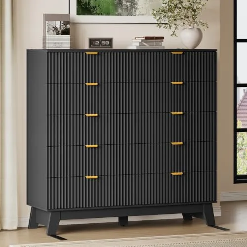 Fluted Tall 10-Drawer Dresser, 47.2 in Wide, Black
