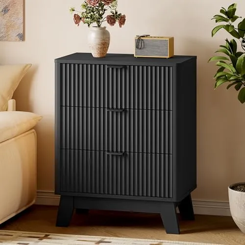 Fluted 3-Drawer Nightstand, 23.6 in Wide, Model BRN-127BK NS, Black